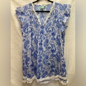 TRUE DESTINATIONS Flutter Sleeve M Dress Floral Paisley Cruise Pool Coverup Blue